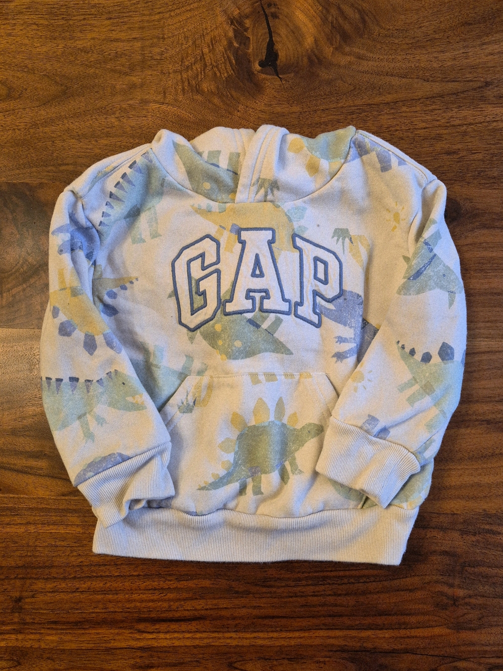 GAP Light Blue Dino Hoodie Sweatshirt with Green & Yellow Print- Size 3T